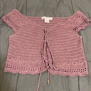 100% acrylic off the shoulder purple top.